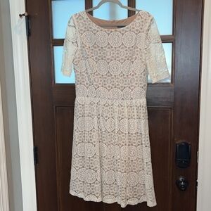 PRETTY ivory lace overlay short sleeve boho cottagecore prairie dress sz 12
